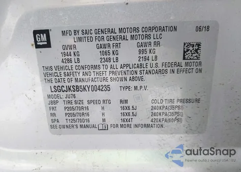 2019 Chevrolet Trax Ls из США, поврежденный, VIN LSGCJKSB5KY004235